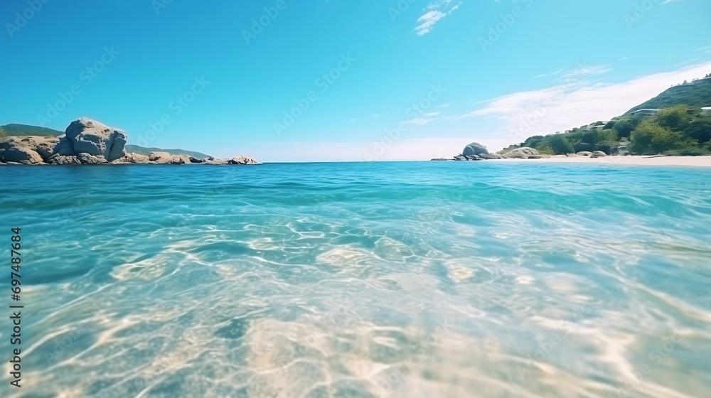 Poster generative ai : sandy beach with white sand and rolling calm wave of turquoise ocean
