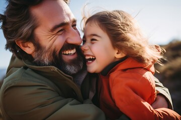 Generative AI : Happy family daughter hugging dad and laughs on holiday