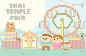 Happy family go to travel Temple fair in Thailand.