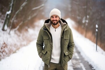 Generative AI : Handsome male model wearing warm sweater, winter coat and hat posing over mountains with snow