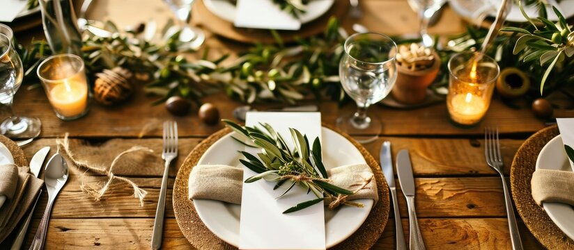Mediterranean-themed wedding table setting with olive branch decorations and blank invitation card.