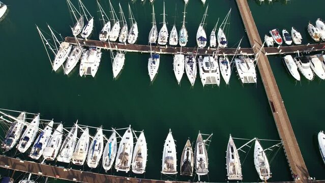 Aerial view above the Marina and Yachts and boats of the  mediterranean Italian village of Varazze in north Italy