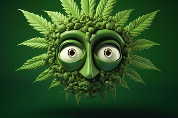 Character with cannabis leaf eyes on green background, marijuana for smoking and medicine, 3D. Generative AI