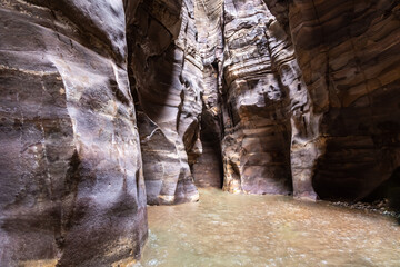 Bizarre  colors and patterns on rocks along Mujib River Canyon hiking trail in Wadi Al Mujib in Jordan