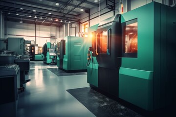 Modernized factory with advanced CNC milling machines, offering an organized and bright production environment embracing DX, IoT, and Industry 4.0 concepts. Generative AI