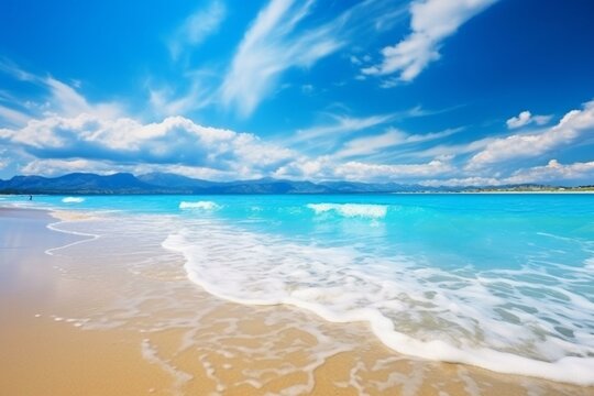 Beautiful beach with stunning blue seascape. Generative AI