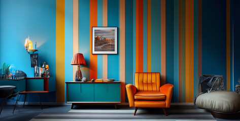 design scene with a chair, interior of a room, design scene retro striped wallpaper