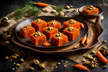 sweet halva andsweet dish with rice halwa in brownish delicious color with plates decorated with...