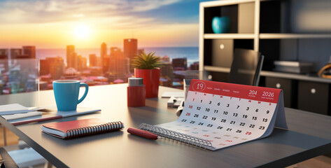 photography close shot of a desk calendar on a office, modern room with furniture