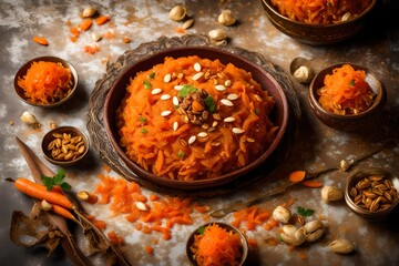 sweet halva andsweet dish with rice halwa in brownish delicious color with plates decorated with...