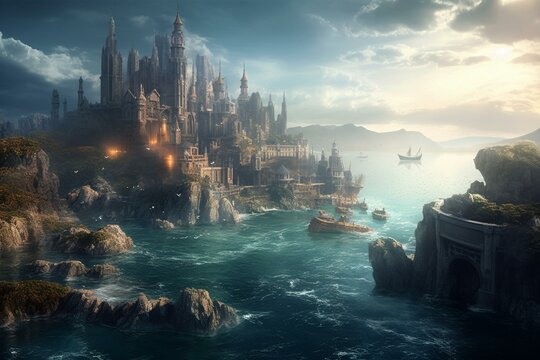 City and ocean with a fantasy touch. Generative AI