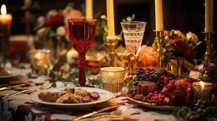 Christmas dinner table. Wine Glass with dinner.