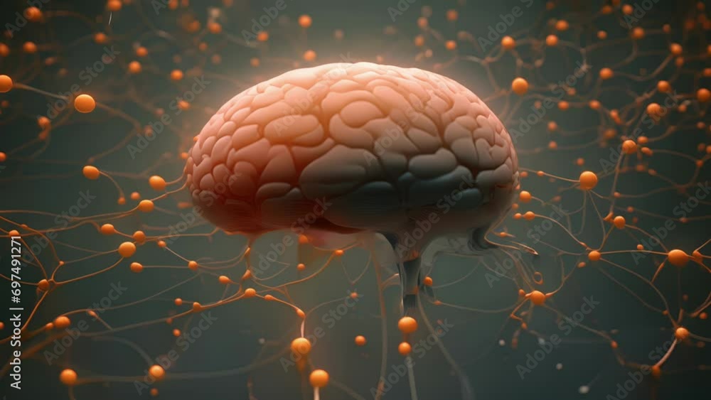 Poster a minimalist animation of a brain floating in a sea of neurons, emphasizing the interconnectedness a