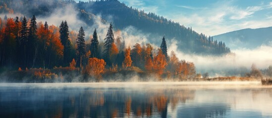 Mysterious fog shrouds Ukrainian lake Synevir, surrounded by autumn forest and ghostly mountain.