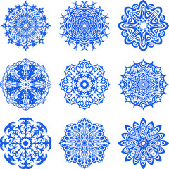 Winter set of blue snowflakes. Abstract, lace, repeating pattern. Flat style. Vector illustration.
