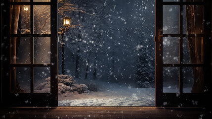 A photo of the open door and watching snow fall. 