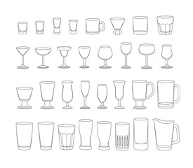 Collection of bar glasses. Different type of glassware in thin line. Objects coloring page. Outline flat vector graphic illustration