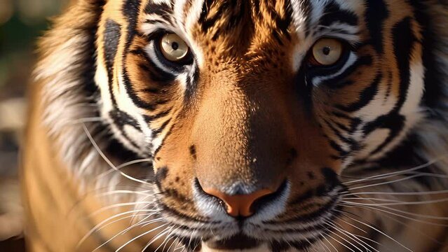 A stunning closeup of a majestic tiger captured by a camera , revealing intricate details of its fur and expression. With the help of AI technology, these images can be used to track and
