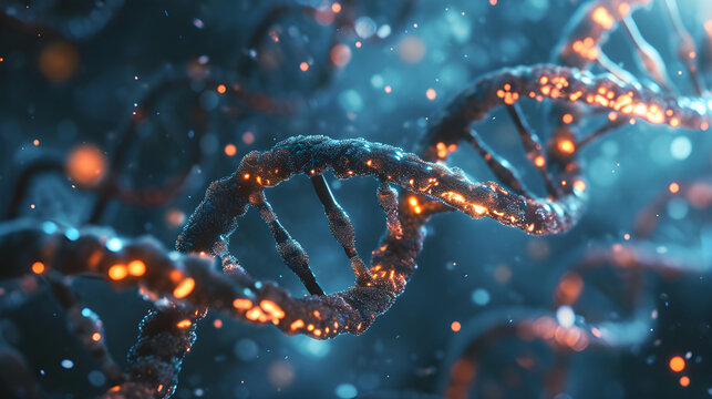 Molecular structure of human DNA, concept of biochemistry, DNA chain with helix on dark background