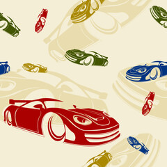 Editable Flat Style Various Colours Sporty Cars Vector Illustration Seamless Pattern for Creating Background and Decorative Element of Transportation or Car Racing Related Design