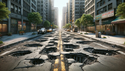 A wide-view image of a city street in very poor condition, riddled with potholes and damaged...