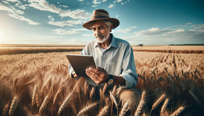 Naklejka na ściany i meble farmer in a vast wheat field, under a clear sky.