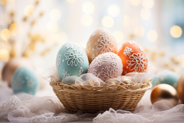 Fototapeta na wymiar in a bright living room on a table with a white tablecloth, a wicker basket with Easter eggs in pastel colors