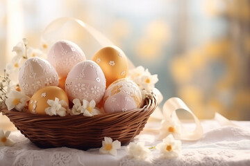in a bright living room on a table with a white tablecloth, a wicker basket with Easter eggs in pastel colors