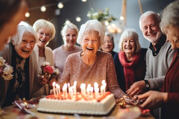 Elderly woman celebrating birthday with friends and cake. Joyous celebration.