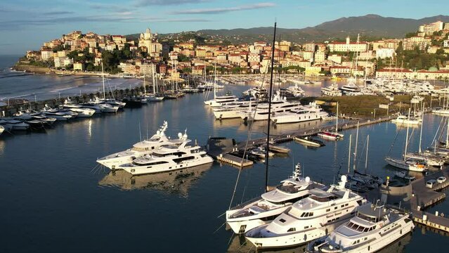 Aerial sunrise view above the Marina of Imperia, Italy on the Mediterranean Sea