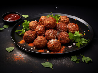 Meatballs with sauce and garnish on a black plate a delicious and appetizing dish