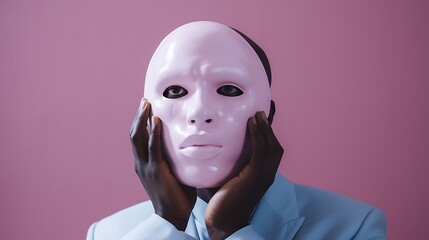 A black man wearing a pink Mask on a clean minimal background. A black man hides her face behind a plain white mask. Close-up symbolic shot. Outdoors, blue sky. Mystery, secrets, personality.