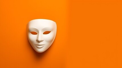A realistic Plastic white theatrical mask hanging against an orange color background empty wall. Copy space for text.