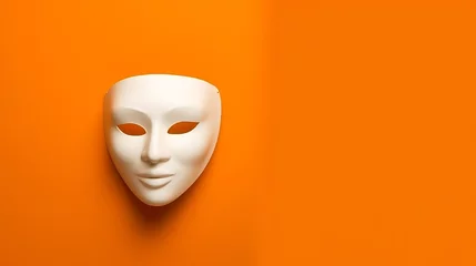 Fotobehang A realistic Plastic white theatrical mask hanging against an orange color background empty wall. Copy space for text. © ImaginaryInspiration