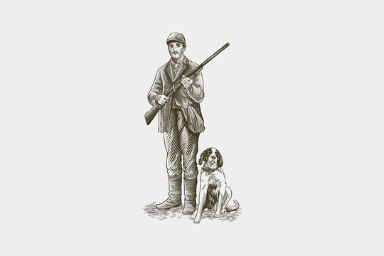 vector illustration of a hunter and a dog in black and white vintage style