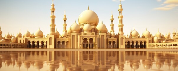 Fototapeta premium The mosque is made of shiny and luxurious gold in the photo behind the pool with a reflection effect underneath
