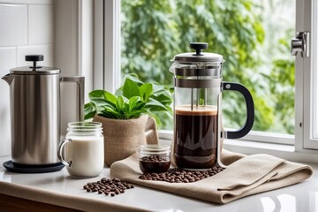 French press Coffee maker, milk in mason jar in window, green leaves background. AI generated