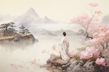 Landscape of Chinese gardens, mountains, and pastel flowers in neutral tones. Generative AI - obrazy, fototapety, plakaty
