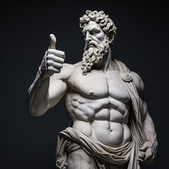 A greek statue holding thumbs up gesture. Nod of approval and support concept. Funny hellenistic art. Generative AI.