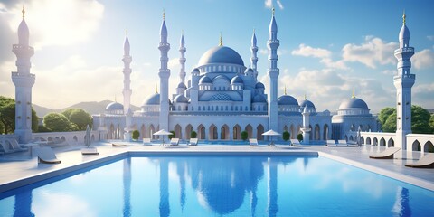 Illustration of a magnificent mosque with a pond in front of it. Generative AI
