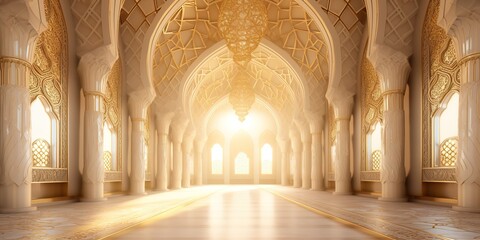 Fototapeta na wymiar The interior design of the mosque is magnificent in gold and cream colors. Generative AI