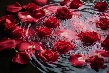 Romantic rose petals floating in water for Valentine's Day. Generative AI