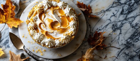 Thanksgiving dessert idea: Pumpkin cheesecake swirl pie with whipped cream on marble board, copy space overhead.