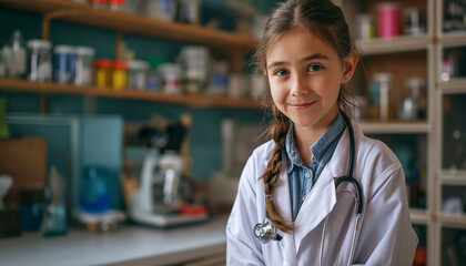 Young Girl as Doctor in Lab - Internship concept