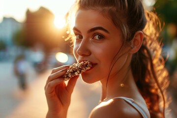 Athletic young woman eating cereal candy bar outside. Healthy lifestyle concept.
