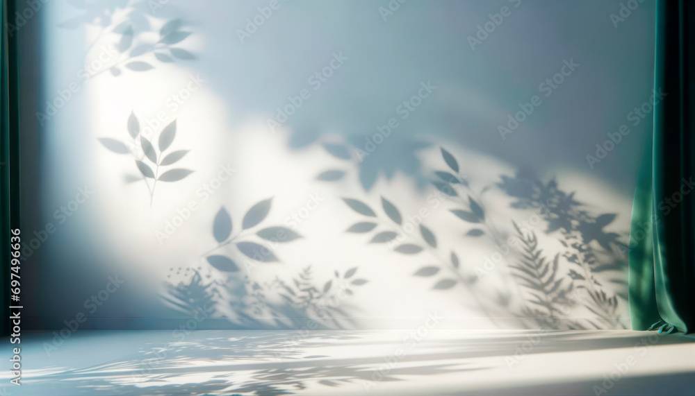 Poster morning light streaming through a window, casting delicate leaf shadows on a soft backdrop. generati