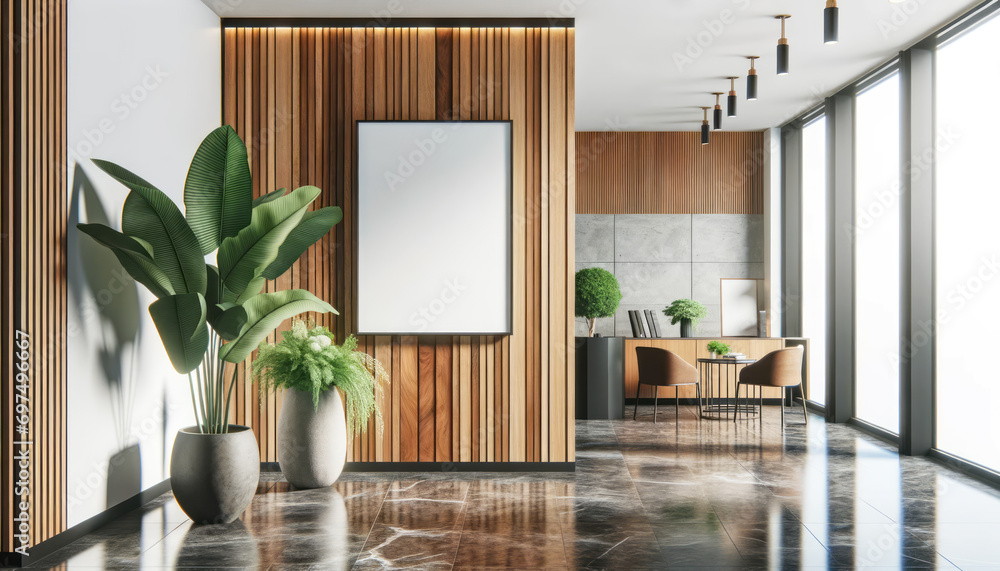 Poster sophisticated office lobby with wood accents and marble flooring. aesthetic and architecture concept