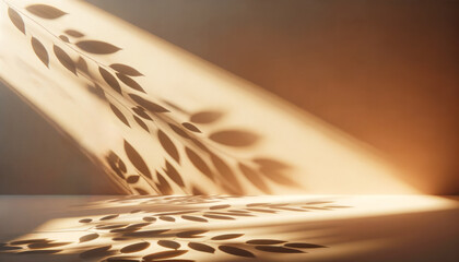 Sunlit wall with leaf shadows creating a calming natural pattern. Relaxation concept. Generative AI