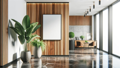 Sophisticated office lobby with wood accents and marble flooring. Aesthetic and architecture concept. Generative AI