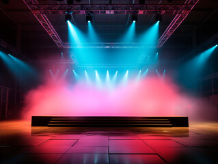 Vibrant concert stage with pink and blue lighting, creating a lively event atmosphere. Generative AI